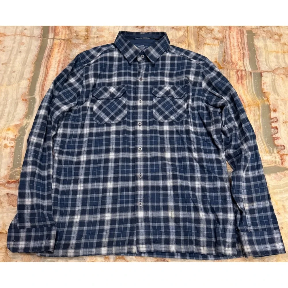 Kuhl Mens Dillingr Flannel Button-Up Shirt Navy‎ Blue Plaid Long Sleeve Medium